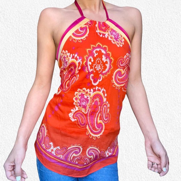 Vintage y2k bright paisley print silk Guess halter top - Picture 1 of 4